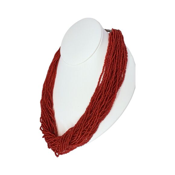 Red Seed Bead Layered Statement Necklace 21", Bold & Heavy Design - Picture 7 of 13